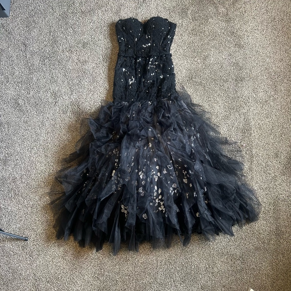 Jovani Strapless Black Lace Ruffle Prom Dress